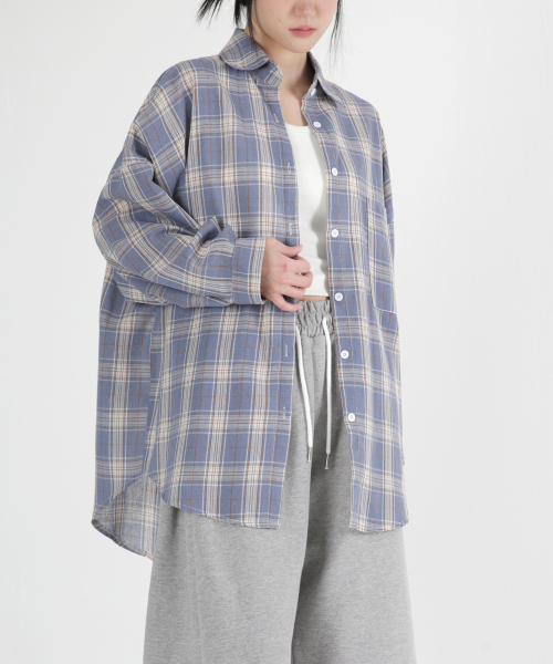 Women overfit pocket check shirts 2COLOR