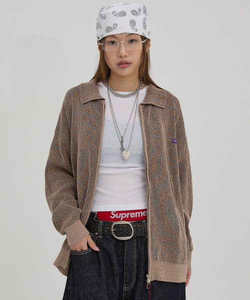 Двухцветный вязаный зип с воротником-стойкой Beige
