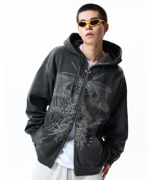GRID WORMHOLE HOODIE ZIPUP PIGMENT CHARCOAL