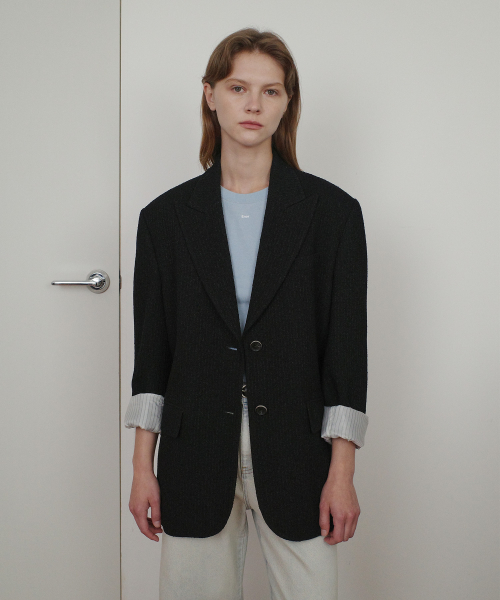 STRIPE TWEED SINGLE JACKET - BLACK