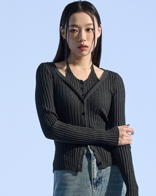 Rib Button-Up Cardigan (CHARCOAL)
