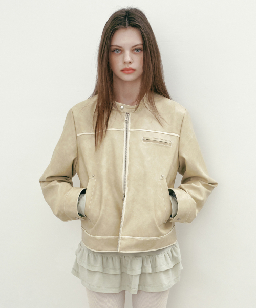 RIVET WASHED FAKE LEATHER JACKET (BEIGE)