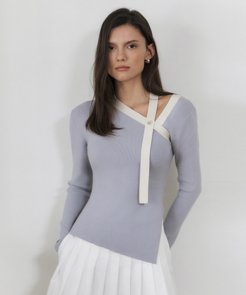 Трикотажный топ на одно плечо с контрастной деталью_LIGHT BLUE