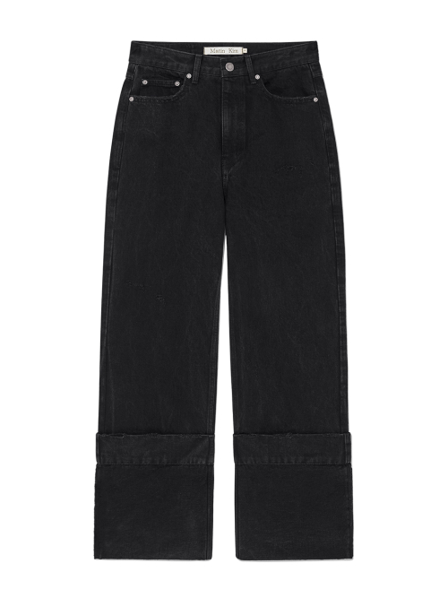 DAMAGE TURN UP DENIM PANTS IN BLACK