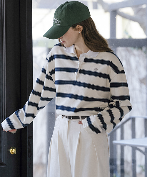 Cotton stripe base collar polo t-shirt_Ivory
