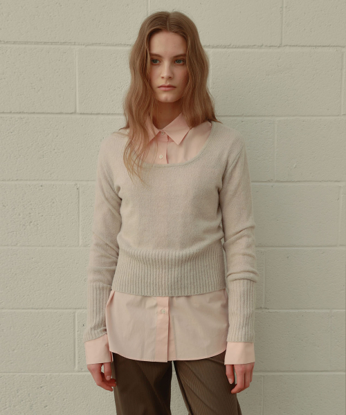 SQUARED NECK WOOL KNIT [ GRAY ]