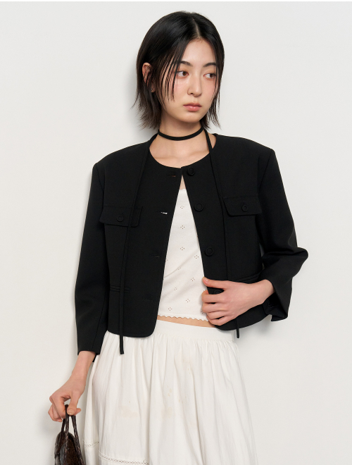 woman twill tweed three-quarter jacket [black]