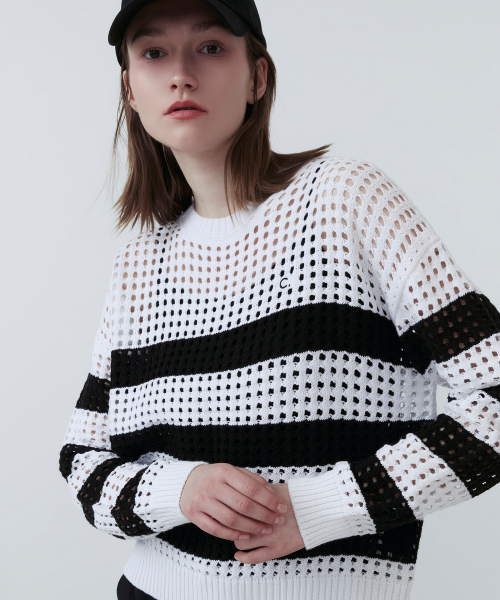 [25SS clove] Crochet Stripe Knit (White)