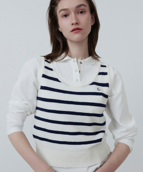 [25SS clove] Boucle Stripe Sleeveless Knit (Navy)