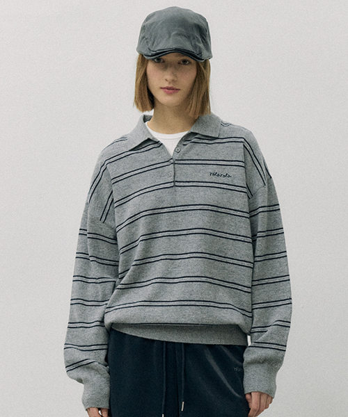 LOOSE FIT COLLAR STRIPE KNIT GRAY