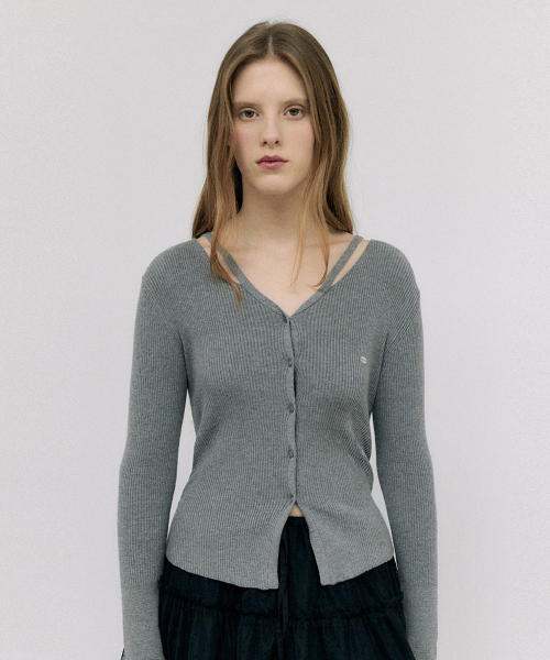 CUT OUT SLIM FIT KNIT CARDIGAN GRAY