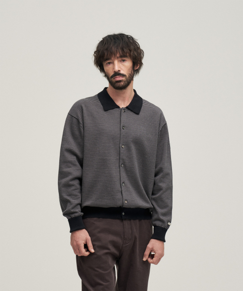 Scape Knit Polo Cardigan (Gray Navy Stripe)