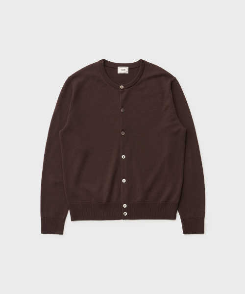 Solid Round Neck Cardigan (Brown)