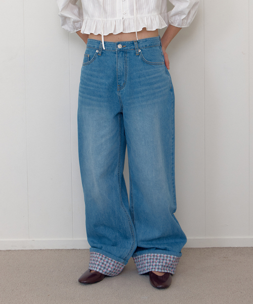 CHECK FLOWER ROLL- DENIM PANTS_BLUE
