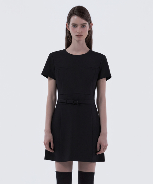 Belted Round Neck Suit Dress - Black