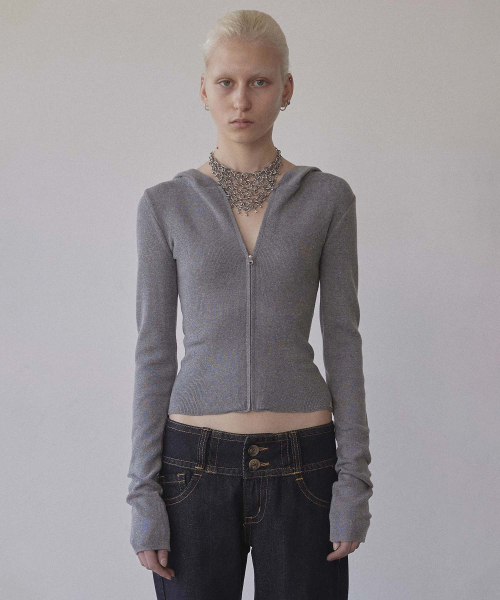 Silhouette Knit Zip-Up Hoodie Melange Gray