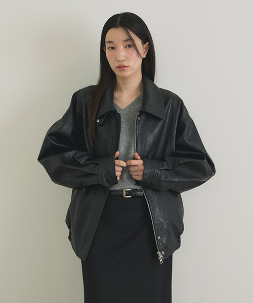 Over Fit Leather Blouson Jacket-Black preview