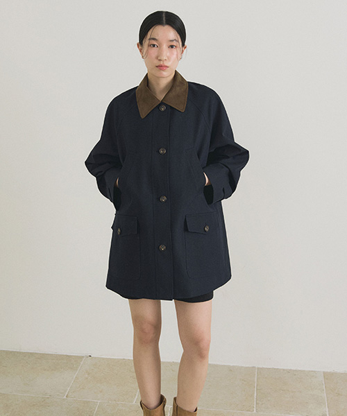 suede collar trench half coat-navy
