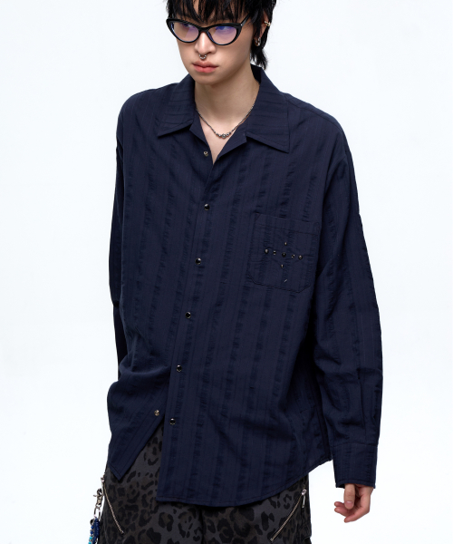 RIVET WRINKLE STRIPE SHIRT - NAVY