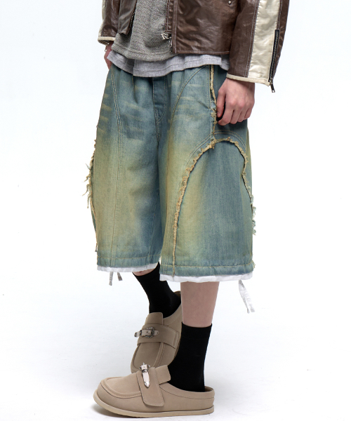 INCISION WASHING DENIM BERMUDA PANTS - LIGHT DENIM