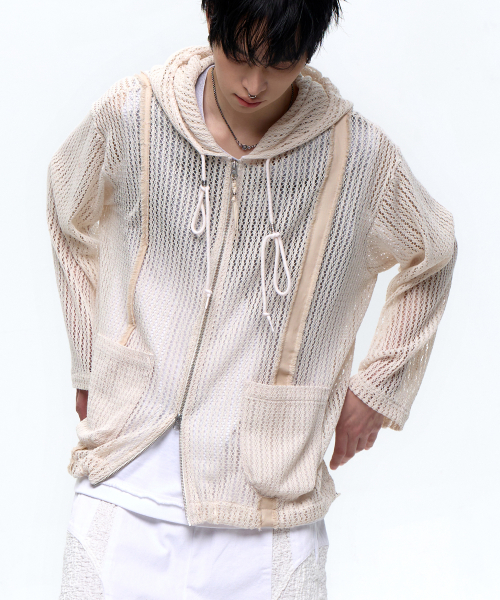 ●RSSC● DENIM PATCHED KNIT HOOD ZIP UP - IVORY / unisex Men's YPB neoKNIT MAX Full-Zip Hoodie | Men's Tops