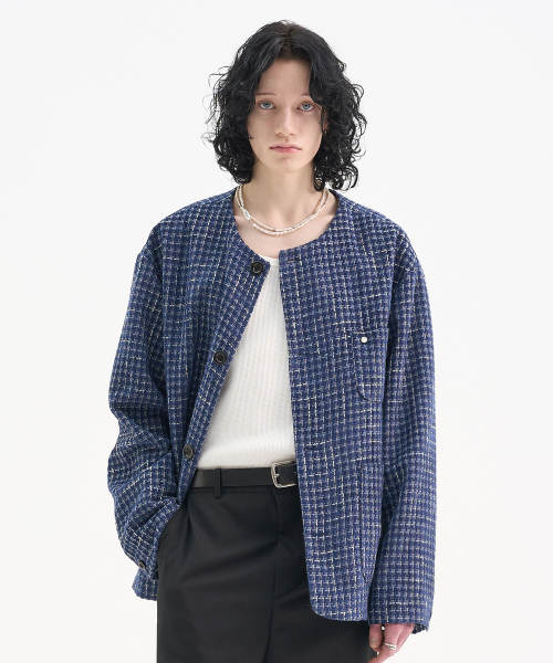 Твидовый круглый жакет Crush - Navy/White