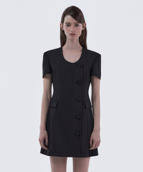마우솔레움 Jenn Round Neck Half-Sleeve Suit Jacket Dress - Black