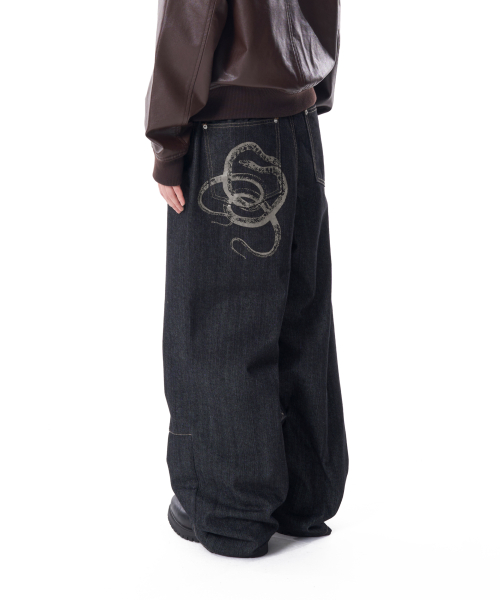 【AAKAM】Snake Printed Denim Pants ★男女兼用★追跡付 AMIRI Men's CNY Snake Archival Jeans in Aged Black Amiri