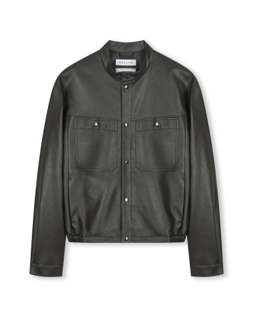 VEGAN LEATHER STAND COLLAR JACKET DARK MOCHA