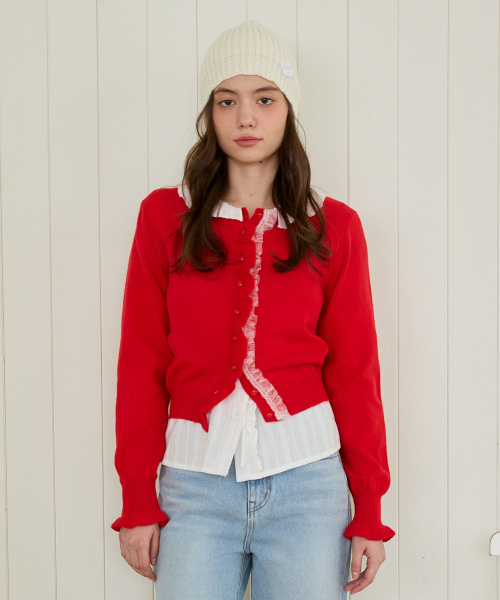 BLOOMING LACE FRILL CARDIGAN_RED