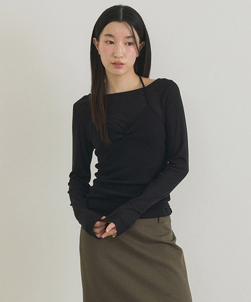 layered halter neck top set-black/black