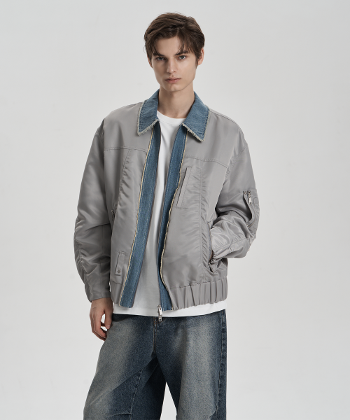 Нейлоновый бомбер с денимом - Light Khaki