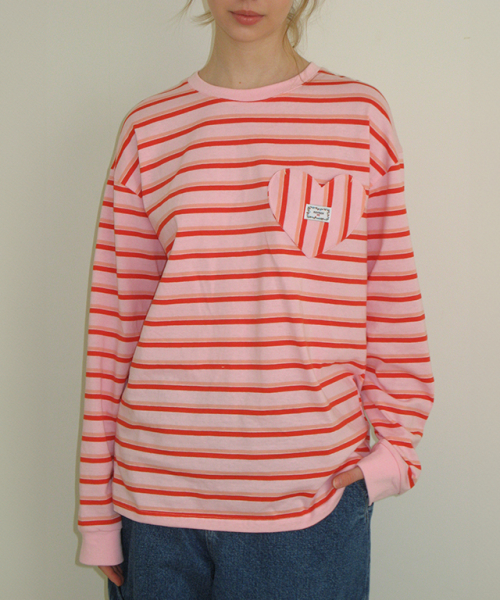 론론(RONRON) MULTI STRIPE HEART POCKET OVER FIT LONG SLEEVE