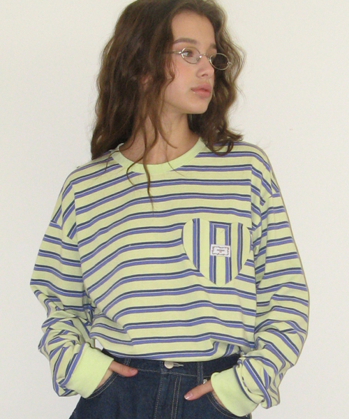 론론(RONRON) MULTI STRIPE HEART POCKET OVER FIT LONG SLEEVE