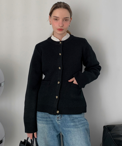 Round Neck Single Button Cardigan черный