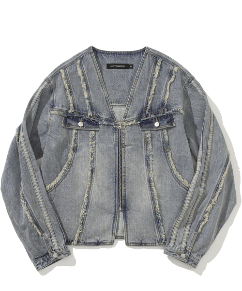 Cut Off Side Line V-Neck Denim куртка - Light Blue