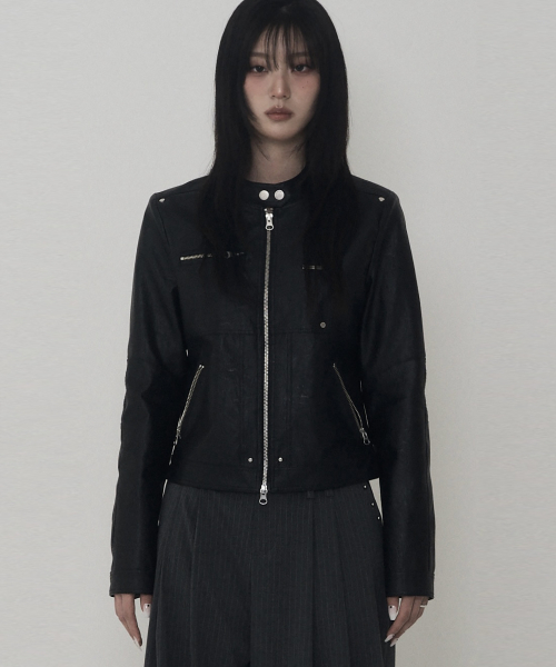 Rivet Biker Leather Jacket (Black)