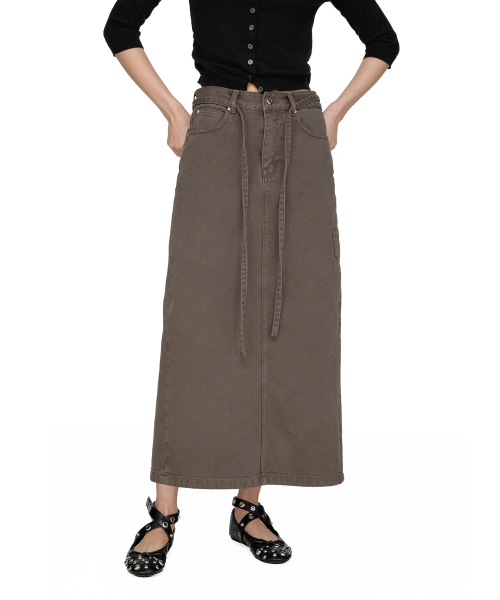 String Color Denim Maxi Skirt, BROWN