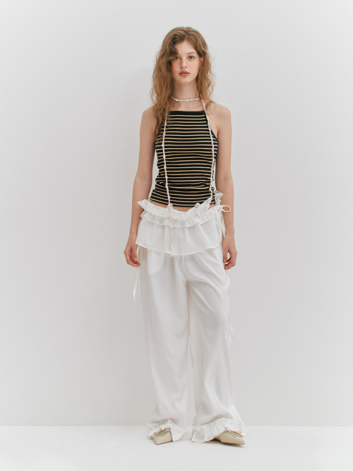 RUFFLE SHIRRING WIDE PANTS - WHITE