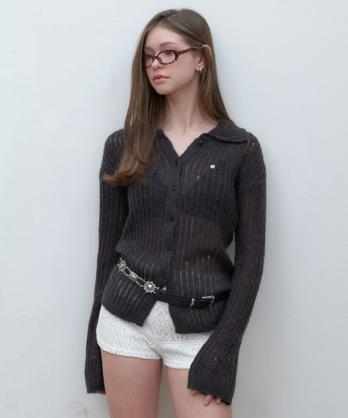 Net Button Up Knit Cardigan Charcoal