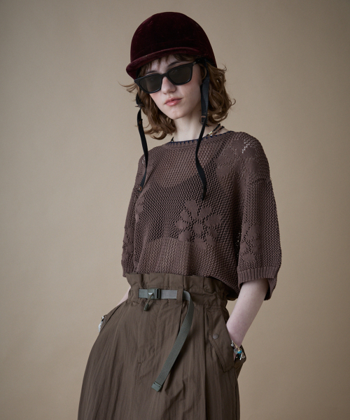 Flower Pattern полурукав вязаный пуловер Brown_FR2KT41F