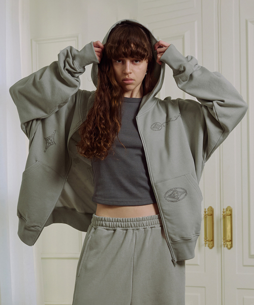 Graphic WASHED HOODED ZIP-UP, ASH KHAKI