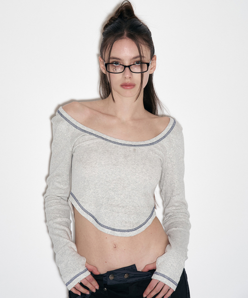 New Label Ribbed U-Line Long Sleeve Top (White Melange)