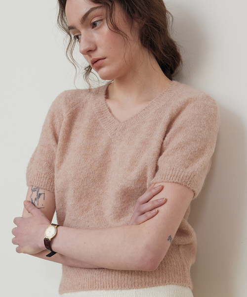 Alpaca V-neck half knit_PINK