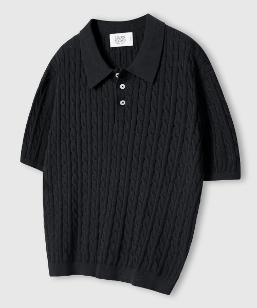 OVERFIT WASHABLE COLLAR NECK CABLE SHORT SLEEVE KNIT [BLACK]