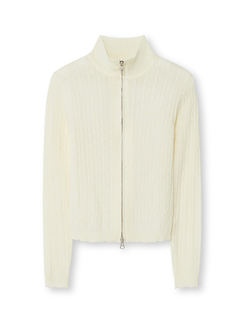 WOMAN WAVE CABLE KNIT ZIP-UP [IVORY]