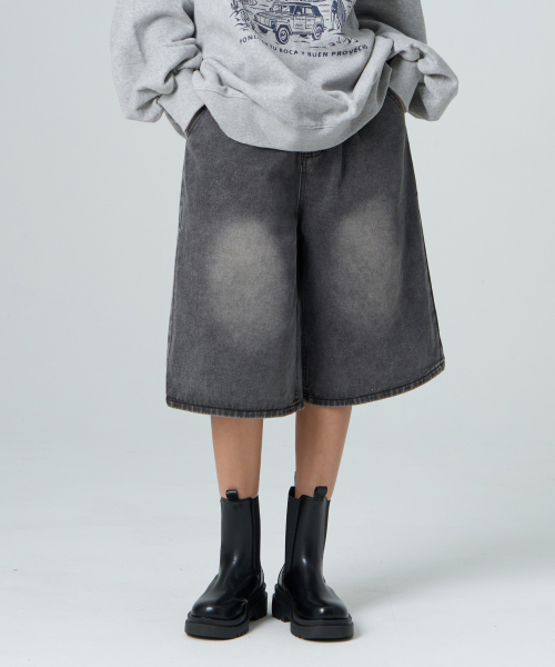 [UNISEX] Джинсовые шорты-бермуды с защипами Washed (Dark Blue)