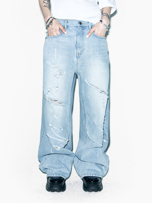 와이이이엘(YEEL) SIGNATURE LOGO DESTROYED DENIM LIGHT BLUE
