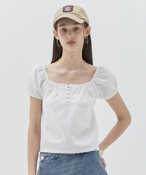 Блузка Plain с кружевом и квадратным вырезом [White]