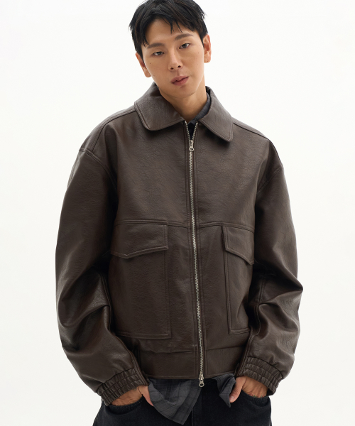 Кожаная куртка на резинке Big Pocket Vintage Washing_2COLOR